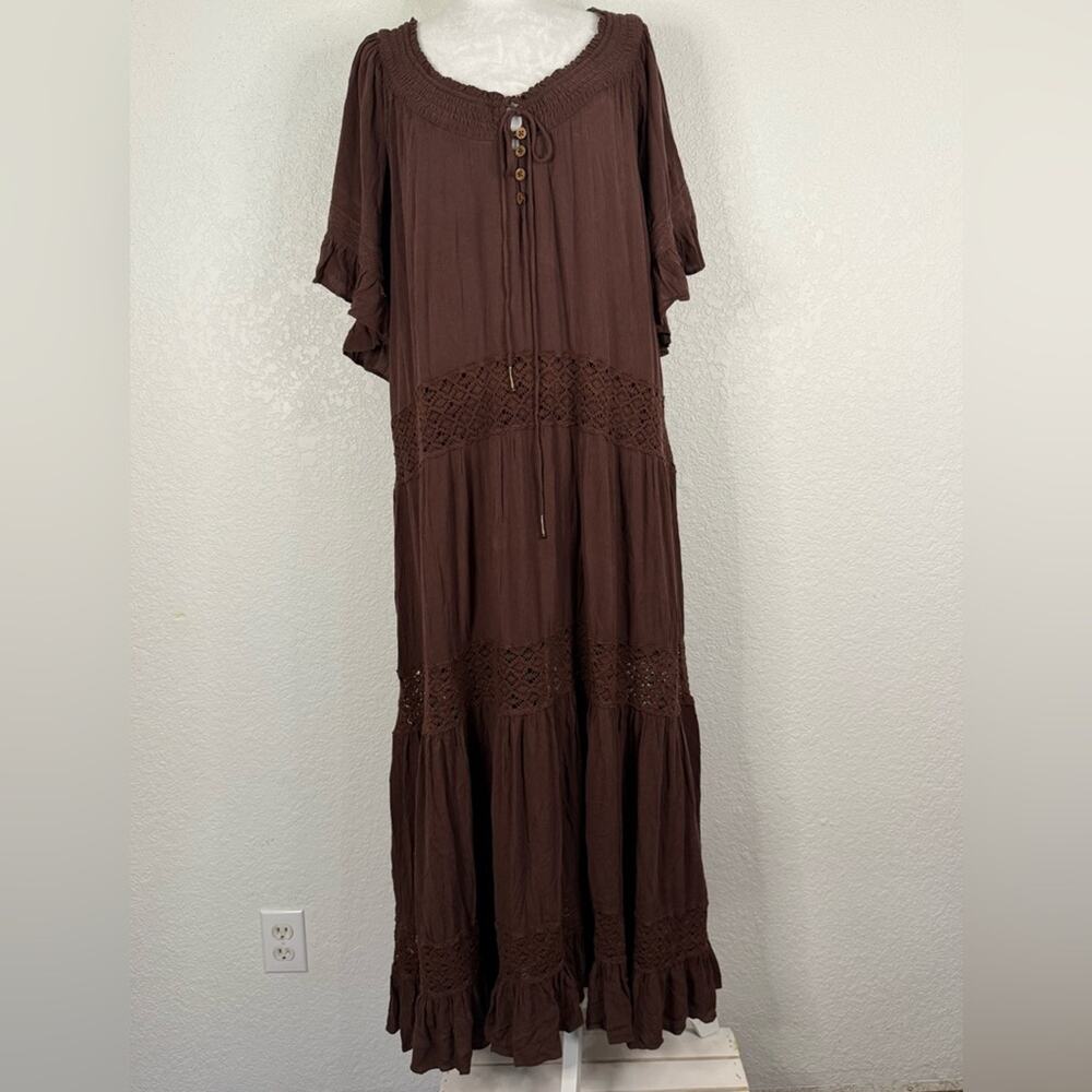 New Free People Dream Tiered On Maxi Brown Dress Small Lace Boho Hippie Festival